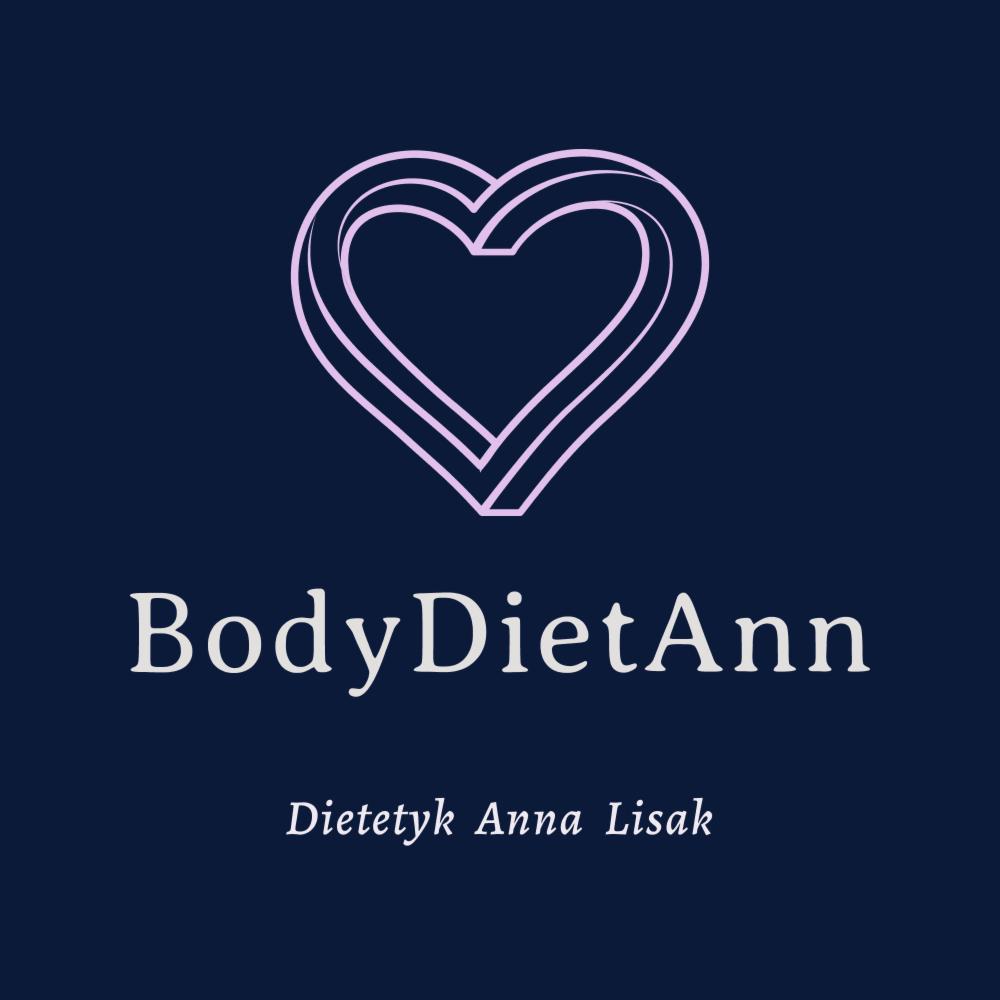 Logo firmy BodyDietAnn Dietetyk Anna Lisak z motywem serca z liniami na ciemnoniebieskim tle.