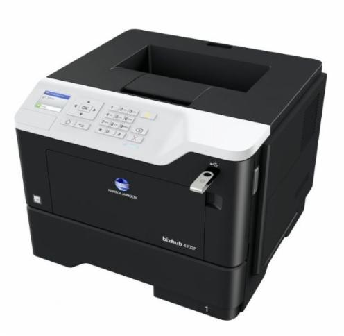 Czarno-biała kserokopiarka Konica Minolta bizhub 4702P z panelem sterowania i portem USB, ustawiona na białym tle.