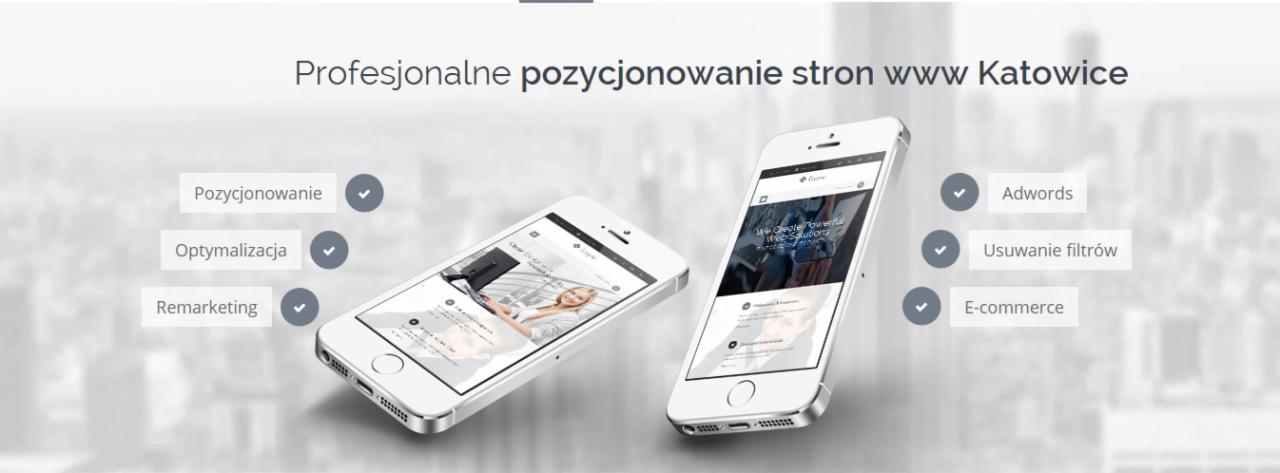 Dwa smartfony prezentują strony internetowe z listą funkcji: pozycjonowanie, optymalizacja, remarketing, Adwords, usuwanie filtrów, E-commerce, na tle panoramy Katowic.