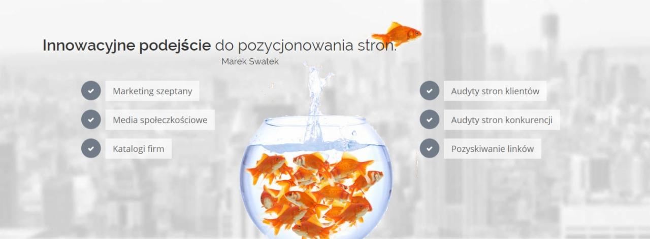 Grafika koncepcyjna przedstawiająca akwarium z pomarańczowymi rybkami, symbolizujące innowacyjne podejście do pozycjonowania stron, z uwzględnieniem marketingu szeptanego, mediów społecznościowych,...