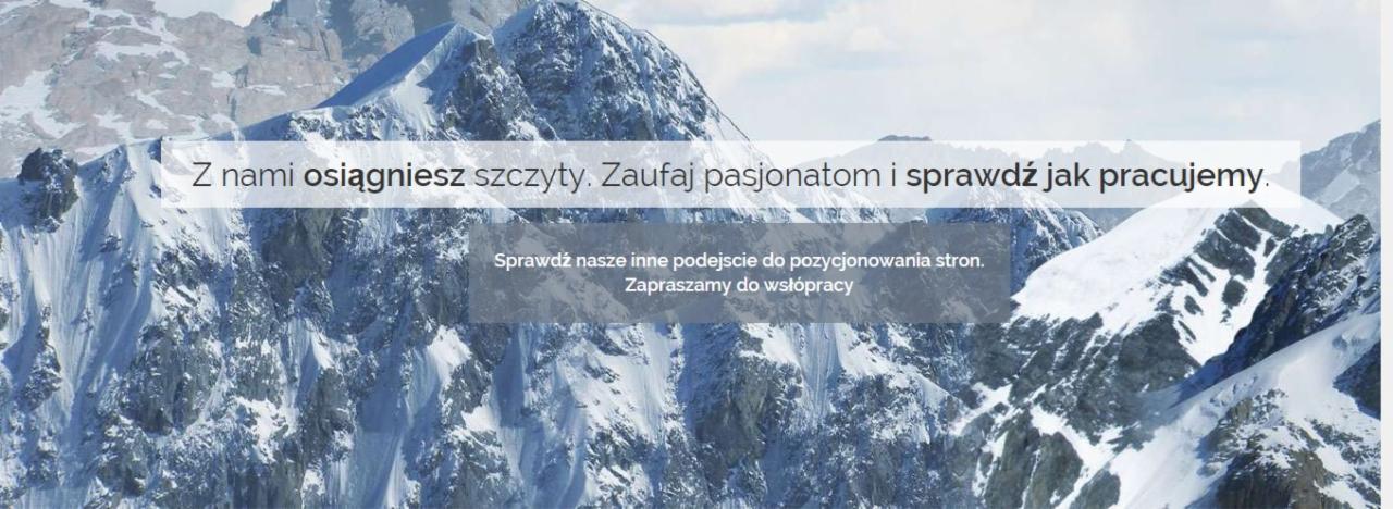 Panorama ośnieżonych szczytów górskich pod błękitnym niebem, z nałożonym tekstem 'Z nami osiągniesz szczyty. Zaufaj pasjonatom i sprawdź jak pracujemy. Sprawdź nasze inne podejście...