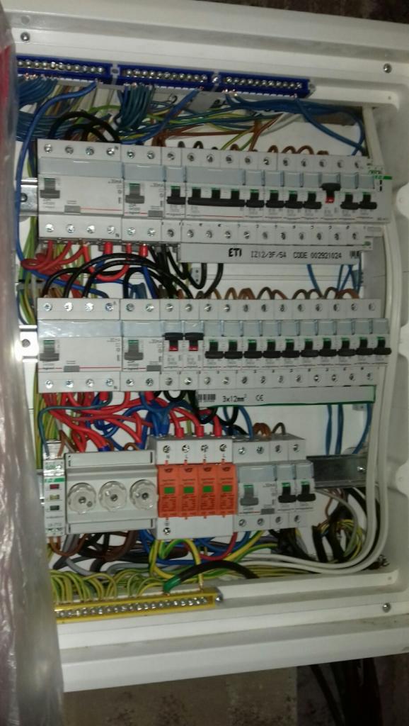 Otwarta skrzynka rozdzielcza z bezpiecznikami, okablowaniem w kolorach czerwonym, niebieskim, zielonym i żółtym, listwa zaciskowa u dołu, widoczne elementy marki ETI.