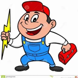 Karykatura uśmiechniętego elektryka w czerwonej czapce, niosącego czerwoną skrzynkę narzędziową i trzymającego w dłoni symbol błyskawicy.