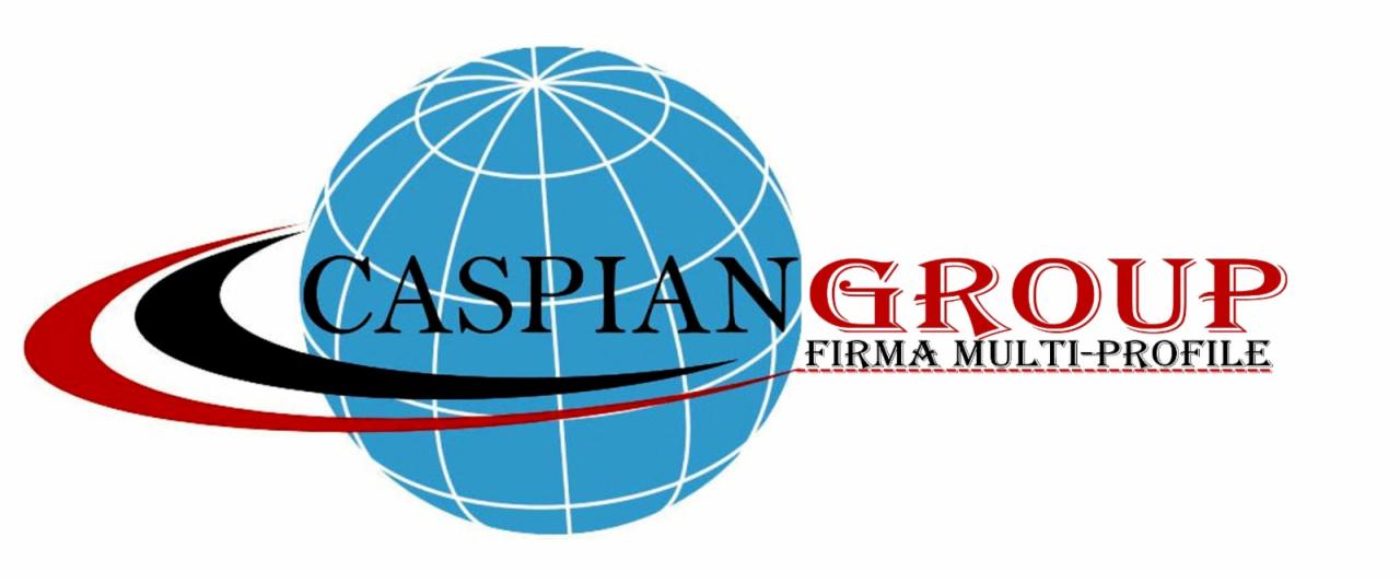 Logo firmy Caspian Group: błękitny glob z białymi liniami, czarno-czerwone obramowanie i czerwony napis 'GROUP FIRMA MULTI-PROFILE' na białym tle.