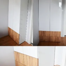 Biała szafa wnękowa z drewnopodobnymi panelami na dole, widok z różnych perspektyw, prezentacja marki DREFUR z hasłem 'Twoje wymarzone meble'.