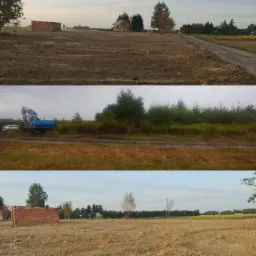 Potrójne ujęcie terenu: przygotowany grunt pod budowę z ceglanym murem, wykop z niebieską koparką i widok na pole z drogą gruntową.