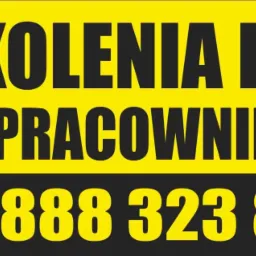 Żółto-czarny baner reklamowy z napisem 'Szkolenia BHP dla pracowników' i numerem telefonu 888 323 825.