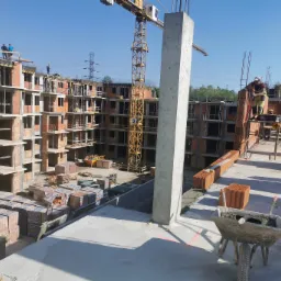 Wielopiętrowy budynek w trakcie wznoszenia ścian z bloczków ceramicznych, widoczny dźwig budowlany, pracownicy na rusztowaniach oraz palety z materiałem budowlanym na placu budowy.