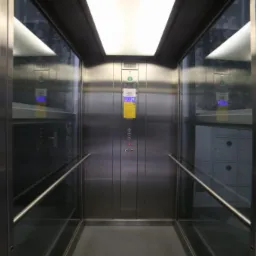 Wnętrze nowoczesnej windy z przeszklonymi ścianami, stalowymi panelami i podświetlanym sufitem. Widoczne poręcze i panel sterowania z przyciskami.
