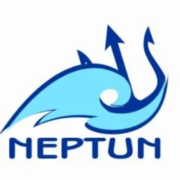 Niebieskie logo firmy o nazwie NEPTUN, przedstawiające stylizowany trójząb i falę morską na białym tle.