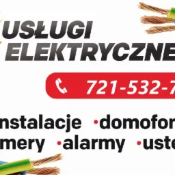 Grafika reklamowa z napisem 'Usługi Elektryczne', numerem telefonu, listą usług (instalacje, domofony, kamery, alarmy, usterki) oraz grafiką kabli elektrycznych z odsłoniętymi miedzianymi żyłami.
