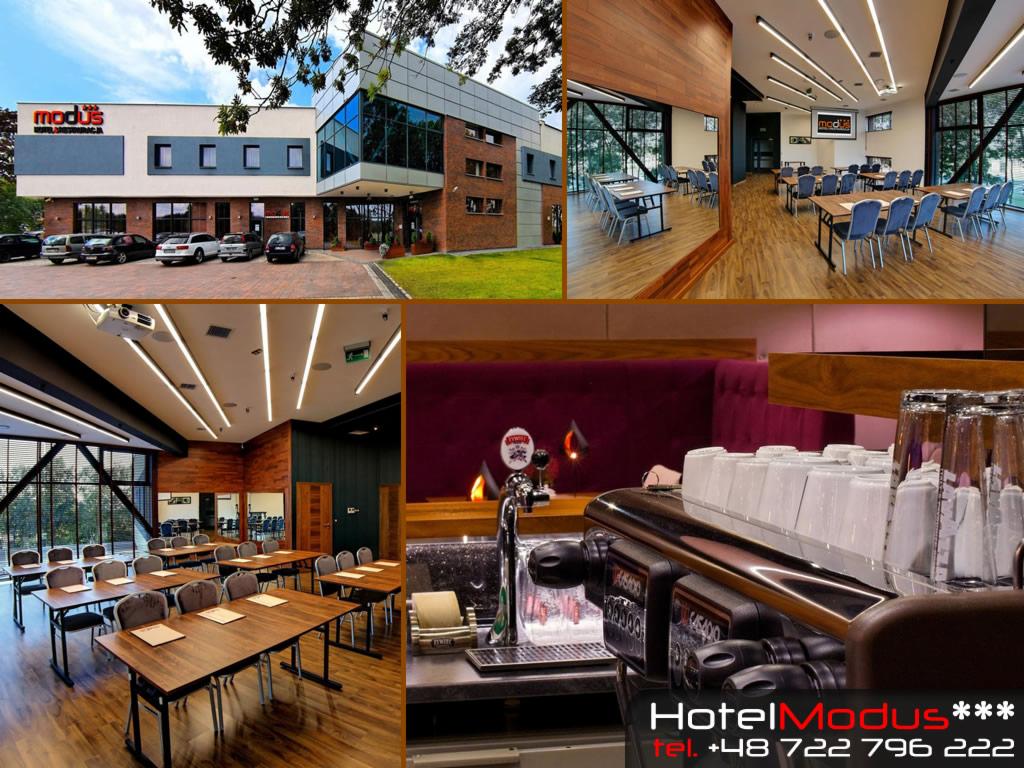 Kolaż zdjęć hotelu Modus: fasada budynku z parkingiem, wnętrze sali konferencyjnej z drewnianą podłogą i stołami, sala z widokiem na zewnątrz, bar z ekspresem do kawy i szklankami.