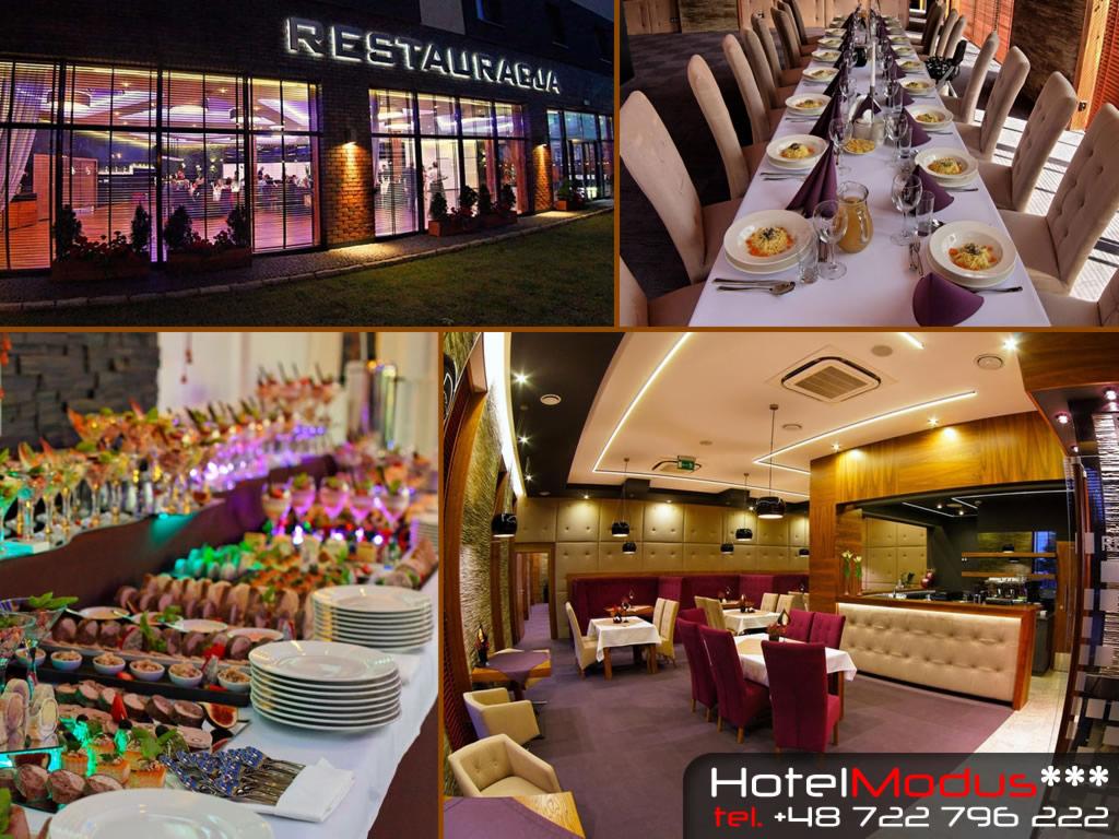 Kolaż zdjęć przedstawiający budynek restauracji z podświetlanym napisem, długi stół z nakryciami, bufet z przekąskami i wnętrze sali restauracyjnej z fioletową wykładziną i ciemnymi lampami.