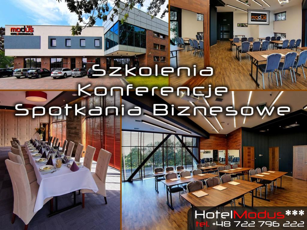Kolaż przedstawiający budynek hotelu z logo Modus oraz wnętrza sal konferencyjnych przygotowanych na szkolenia i spotkania biznesowe.