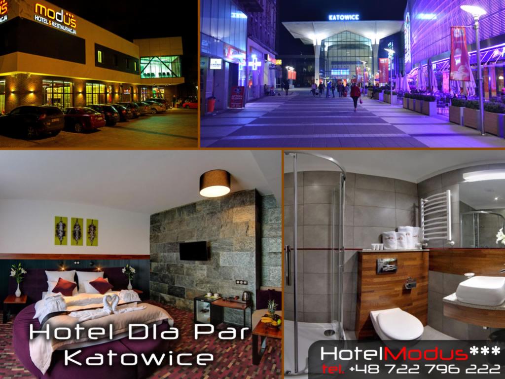 Kolaż zdjęć hotelu w Katowicach: nocny widok na budynek z parkingiem, deptak miejski nocą, pokój z okrągłym łóżkiem i kamienną ścianą, łazienka z kabiną prysznicową i drewnianymi elementami.