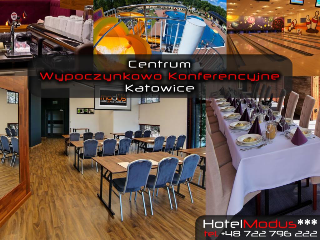 Kompozycja zdjęć przedstawiająca centrum wypoczynkowo-konferencyjne: bar z ekspresem do kawy, basen ze zjeżdżalnią, kręgielnia, sala konferencyjna z projektorem i stoły nakryte do uroczystej kolacji.