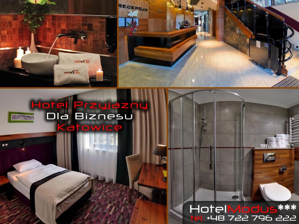 Kolaż zdjęć przedstawiający wnętrza hotelu: łazienka z kabiną prysznicową, pokój z łóżkiem i biurkiem, recepcja z drewnianym blatem oraz umywalka z ręcznikami i świecami.