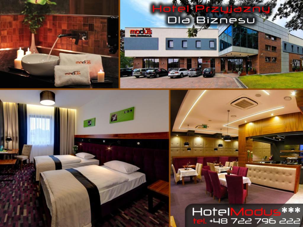 Kolaż z wnętrz hotelu: łazienka z ręcznikami, pokój z dwoma łóżkami, restauracja z bordowymi krzesłami i widok na budynek hotelu z zewnątrz.