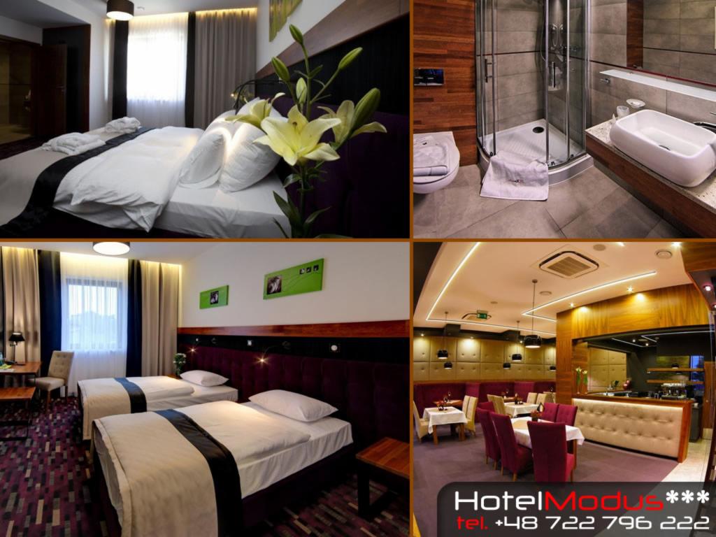 Kolaż przedstawiający wnętrza hotelowe: pokój z łóżkiem z kwiatami lilii, łazienkę z kabiną prysznicową, pokój z dwoma łóżkami oraz restaurację z czerwonymi krzesłami i barem, całość w ciepłej...