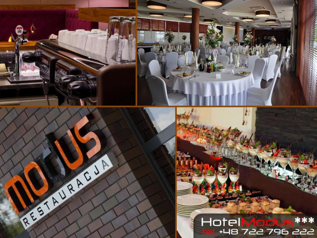 Kolaż zdjęć przedstawiający wnętrze i logo restauracji: sala bankietowa z okrągłymi stołami i białymi krzesłami, ekspres do kawy z ułożonymi filiżankami, bufet z deserami w szklanych naczyniach...