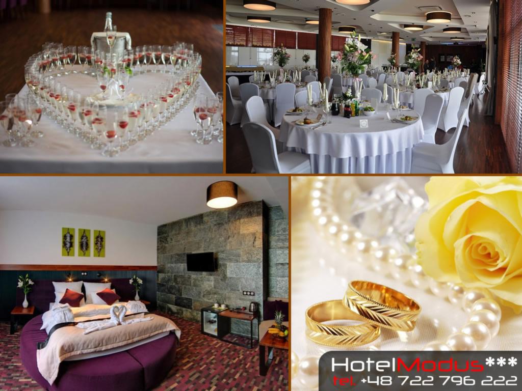 Kolaż: serce z kieliszków z napojem, sala bankietowa z okrągłymi stołami, pokój hotelowy z okrągłym łóżkiem, złote obrączki i perły na tle żółtej róży.