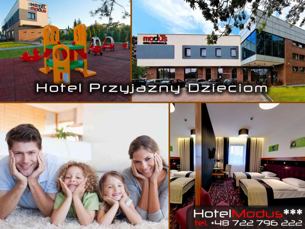 Kompozycja zdjęć hotelu z placem zabaw, budynkiem, pokojem i uśmiechniętą rodziną, promująca ofertę pobytu dla rodzin z dziećmi.