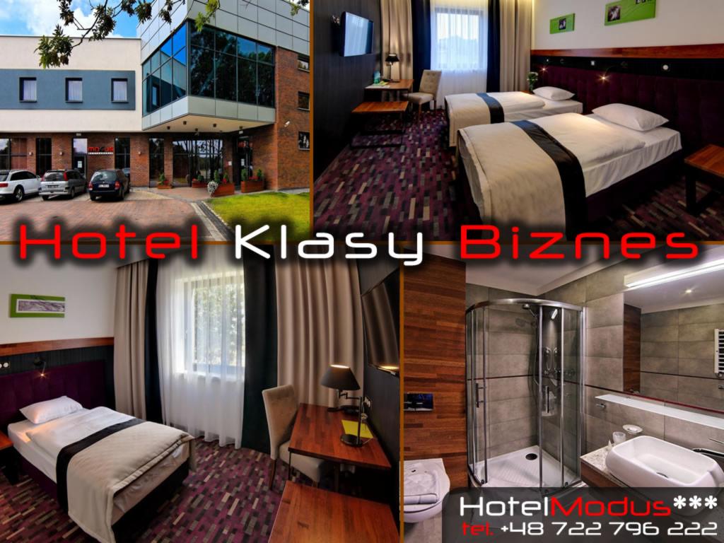 Kolaż prezentujący Hotel Modus: zewnętrzny widok budynku z zaparkowanymi samochodami, pokój z dwoma łóżkami, pokój z jednym łóżkiem i biurkiem oraz łazienka z kabiną prysznicową.