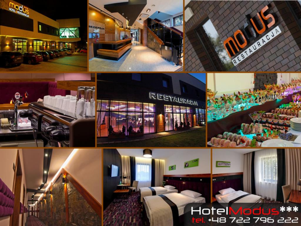 Hotel z restauracją: elewacja budynku, recepcja, bar z ekspresem do kawy, bufet z przekąskami, pokój hotelowy z dwoma łóżkami.