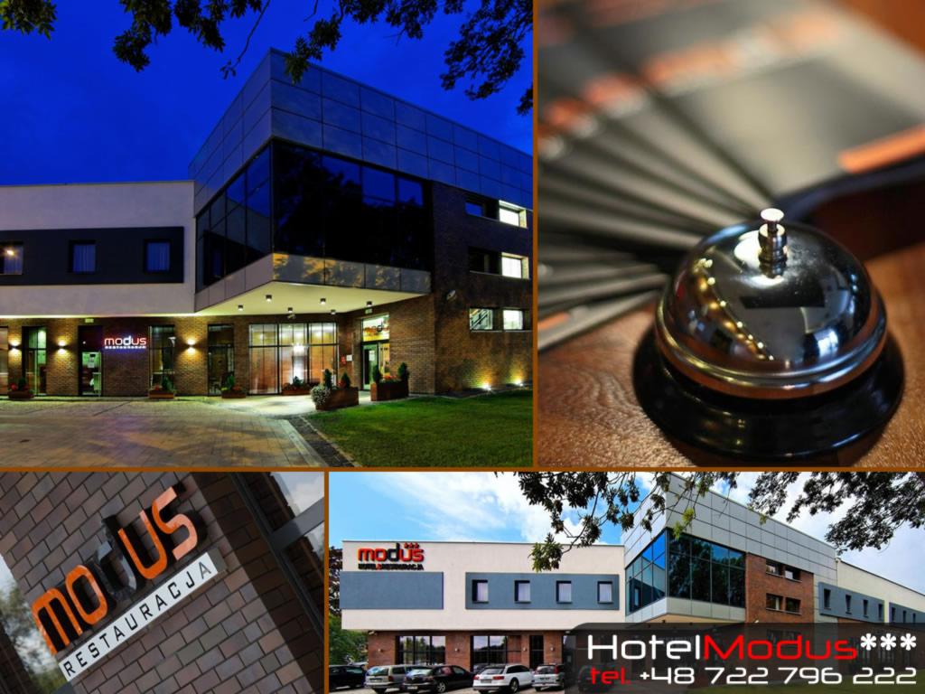 Kolaż prezentujący Hotel Modus: nocny widok elewacji, zbliżenie na dzwonek recepcyjny na drewnianym blacie oraz logo restauracji i hotelu.