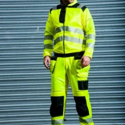 Mężczyzna w kompletnym, jaskrawożółtym zestawie odblaskowej kurtki i spodni roboczych z czarnymi wzmocnieniami na kolanach i kieszeniach, pozujący na tle metalowej, żaluzjowej ściany.