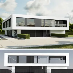 Dwukondygnacyjny, nowoczesny dom z płaskim dachem, białą elewacją i dużymi oknami, na elewacji numer 26, widok z przodu i od dołu, z zadbanym trawnikiem i żywopłotem.