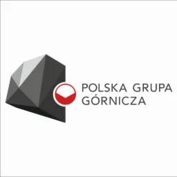 Logo Polskiej Grupy Górniczej z geometrycznym symbolem węgla i stylizowaną flagą Polski.