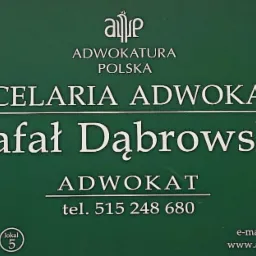 Znak informacyjny Kancelarii Adwokackiej Rafała Dąbrowskiego w Siedlcach, z adresem, numerem telefonu i adresem e-mail.