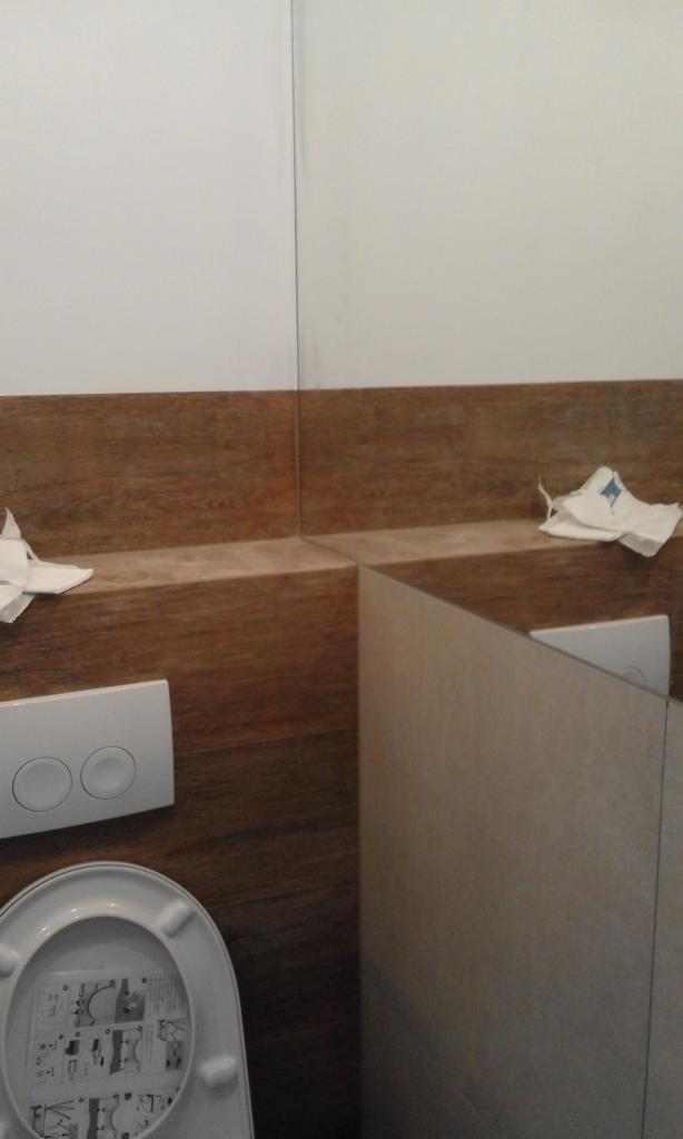 Fragment wykończonej łazienki z toaletą, drewnopodobną okładziną ścienną i białymi płytkami, widoczne przyciski spłuczki i instrukcja na wewnętrznej stronie deski sedesowej, odbicie w lustrze.