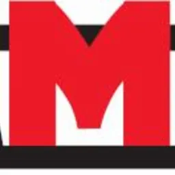 Logo AMG z czarnymi literami A i G oraz czerwoną literą M na białym tle.