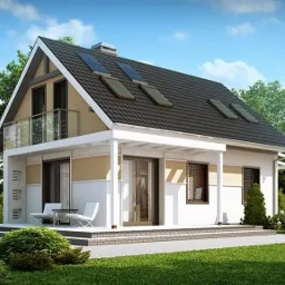 Wizualizacja nowoczesnego domu z poddaszem użytkowym, balkonem z przeszkloną balustradą i oknami połaciowymi, otoczonego zielenią.