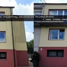 Porównanie stanu elewacji budynku przed i po czyszczeniu, widoczne różnice w kolorze i czystości, zarys rusztowania w dolnej części zdjęcia.