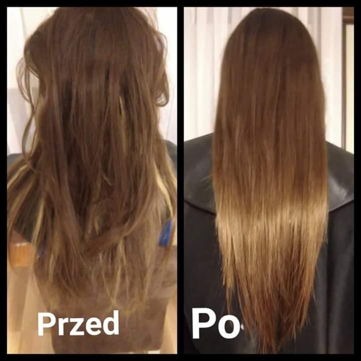 Porównanie stanu włosów przed i po zabiegu: po lewej włosy falowane z widocznymi odrostami, po prawej wygładzone, z efektem ombre. Widoczne napisy 'Przed' i 'Po'.