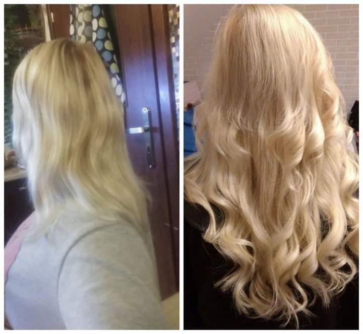 Metamorfoza włosów blond w Niedrzwicy Dużej: przed i po stylizacji z lokami. Widoczne różnice w teksturze i objętości włosów.