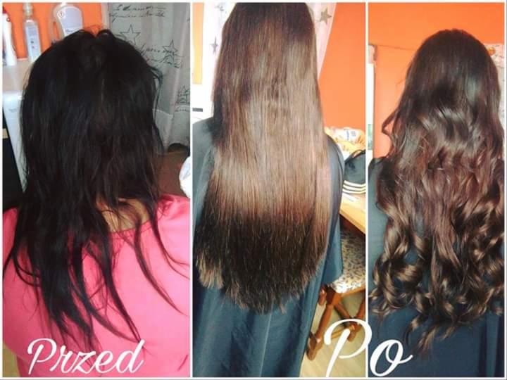 Kolaż przedstawiający metamorfozę włosów: od ciemnych, prostych i niesfornych do brązowych, wygładzonych i pofalowanych, z kontrastem 'Przed' i 'Po' na białym tle.
