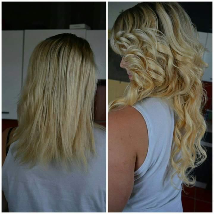 Porównanie włosów blond przed i po stylizacji loków; widok z tyłu i z profilu.