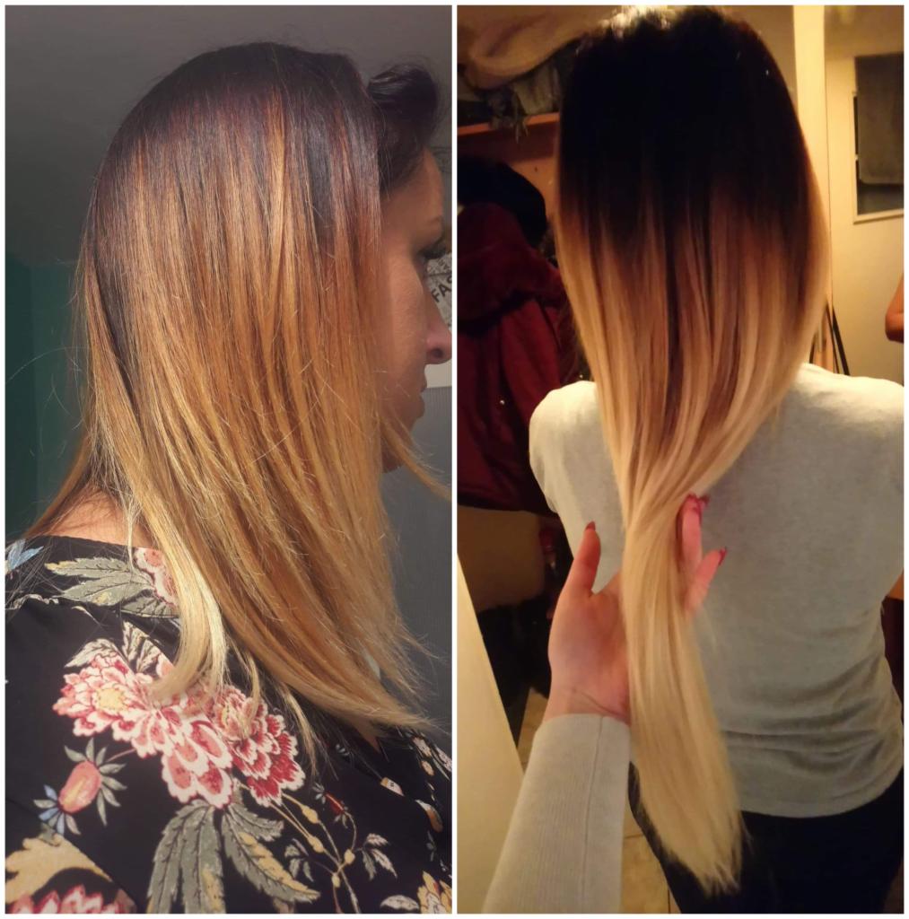 Dwa ujęcia włosów ombre: profil kobiety z ciemnymi odrostami przechodzącymi w jasny blond oraz widok z tyłu z dłonią trzymającą pasmo włosów, ukazujące efekt koloryzacji.