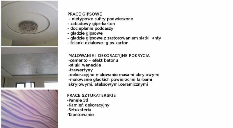 Kolaż prezentujący przykłady prac: nietypowy sufit podwieszony z oświetleniem, ściana z efektem betonu i ściana z panelami 3D o wzorze fal.