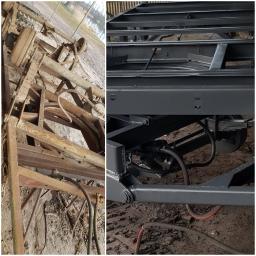 AkorTech - Porównanie stanu ramy przyczepy przed i po renowacji: zardzewiała konstrukcja po lewej stronie i świeżo pomalowana, szara rama po prawej stronie.