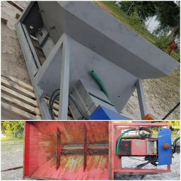 AkorTech - Dwu-panelowe ujęcie urządzenia: górny panel przedstawia metalową konstrukcję po piaskowaniu i malowaniu na szaro, umieszczoną na palecie; dolny panel ukazuje mocno zardzewiałą czerwoną konstrukcję...