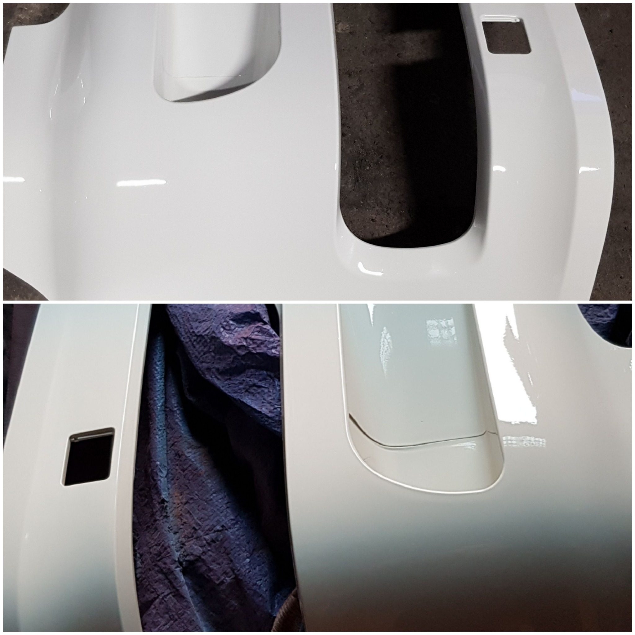 Biały, błyszczący fragment karoserii samochodowej z widocznymi przetłoczeniami i otworami, leżący na ciemnym tle, po procesie lakierowania.