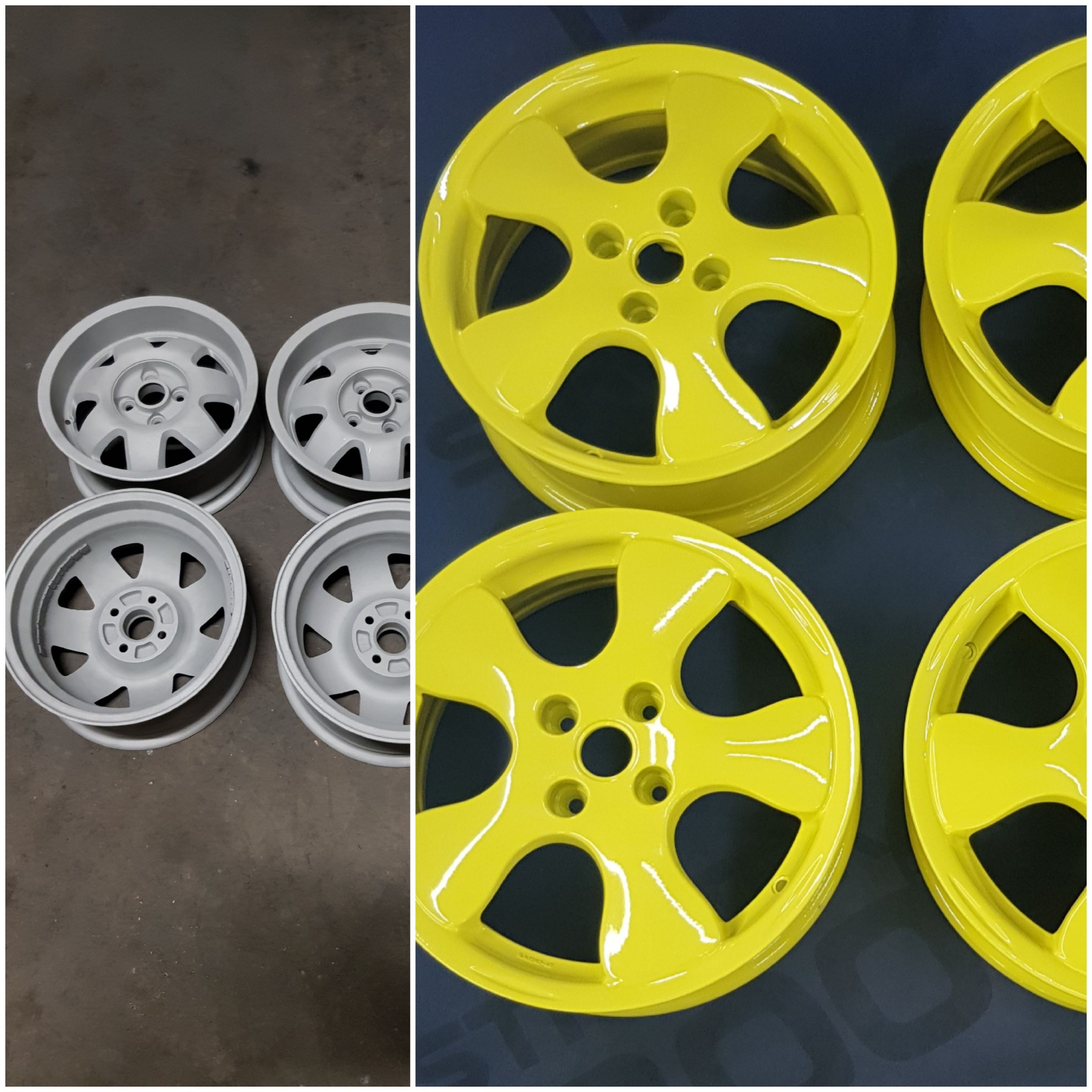 Felgi samochodowe: cztery szare przed malowaniem i cztery żółte po malowaniu, widoczne różnice w kolorze i wykończeniu.