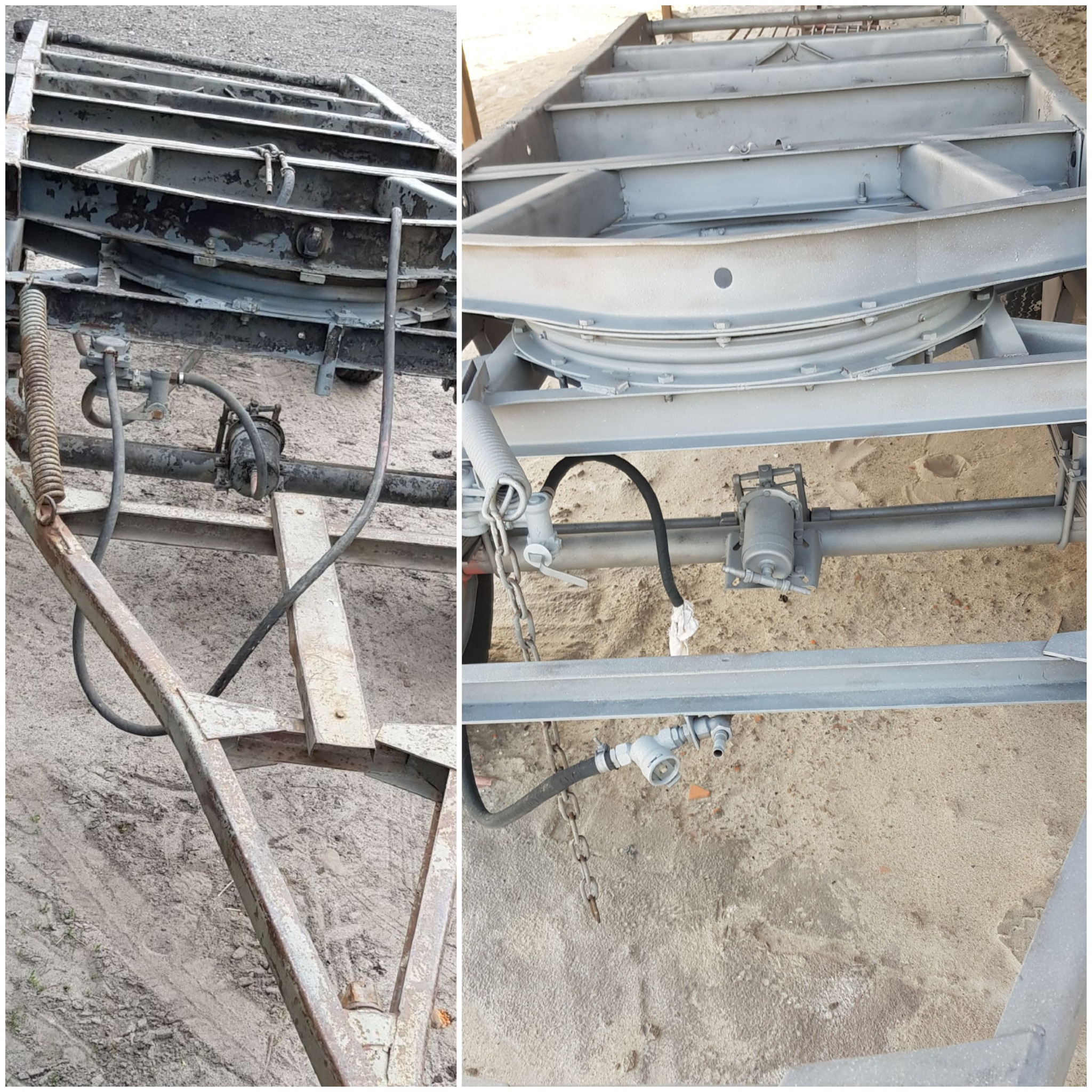 Dwie połówki zdjęcia ukazujące ramę przyczepy: po lewej stara, zardzewiała i brudna, po prawej świeżo pomalowana na szaro, z widocznymi elementami zawieszenia i przewodami.