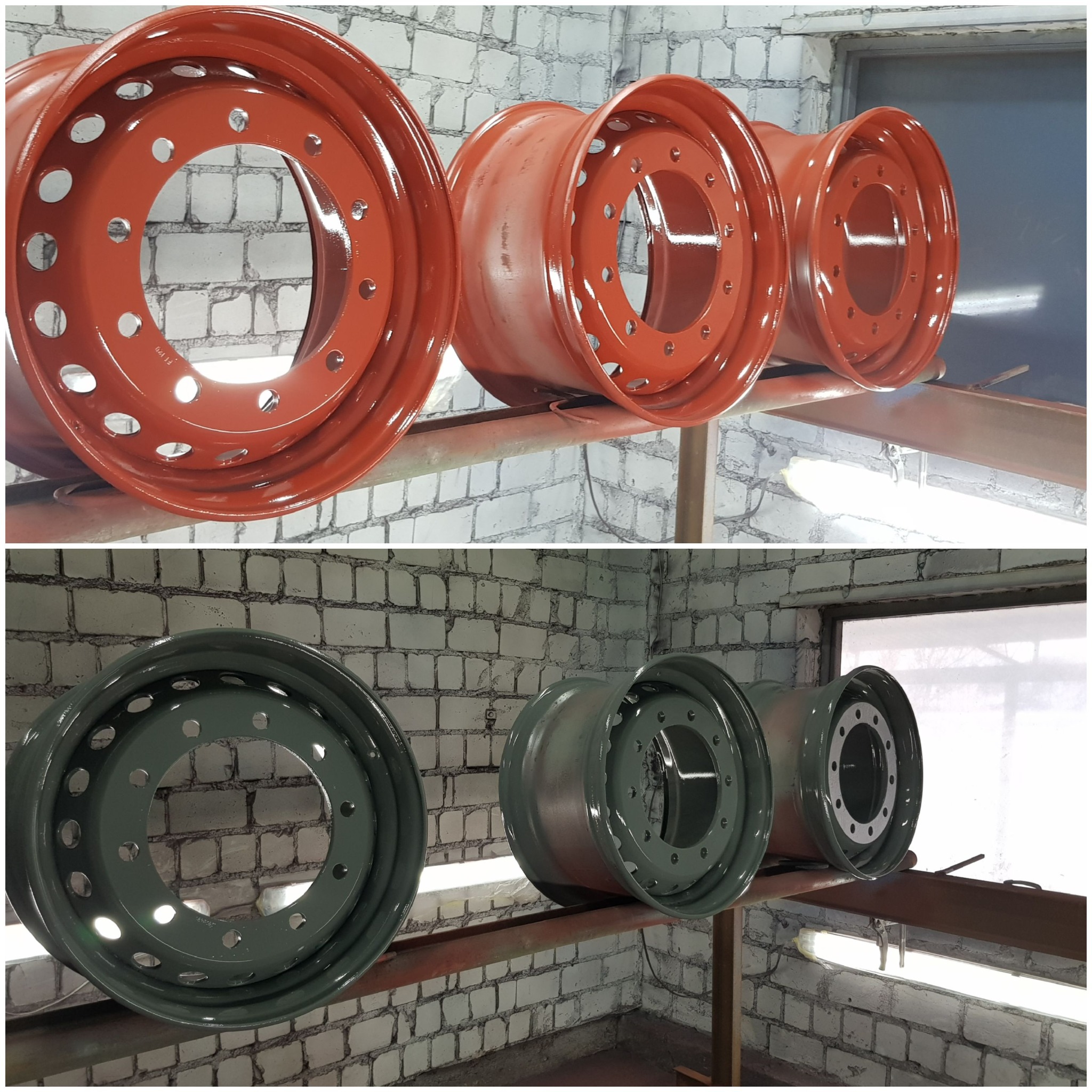 Dwa zestawy felg samochodowych po procesie malowania: górny rząd w kolorze ceglastym, dolny w odcieniach zieleni, suszone na metalowej konstrukcji na tle ściany z białej cegły.