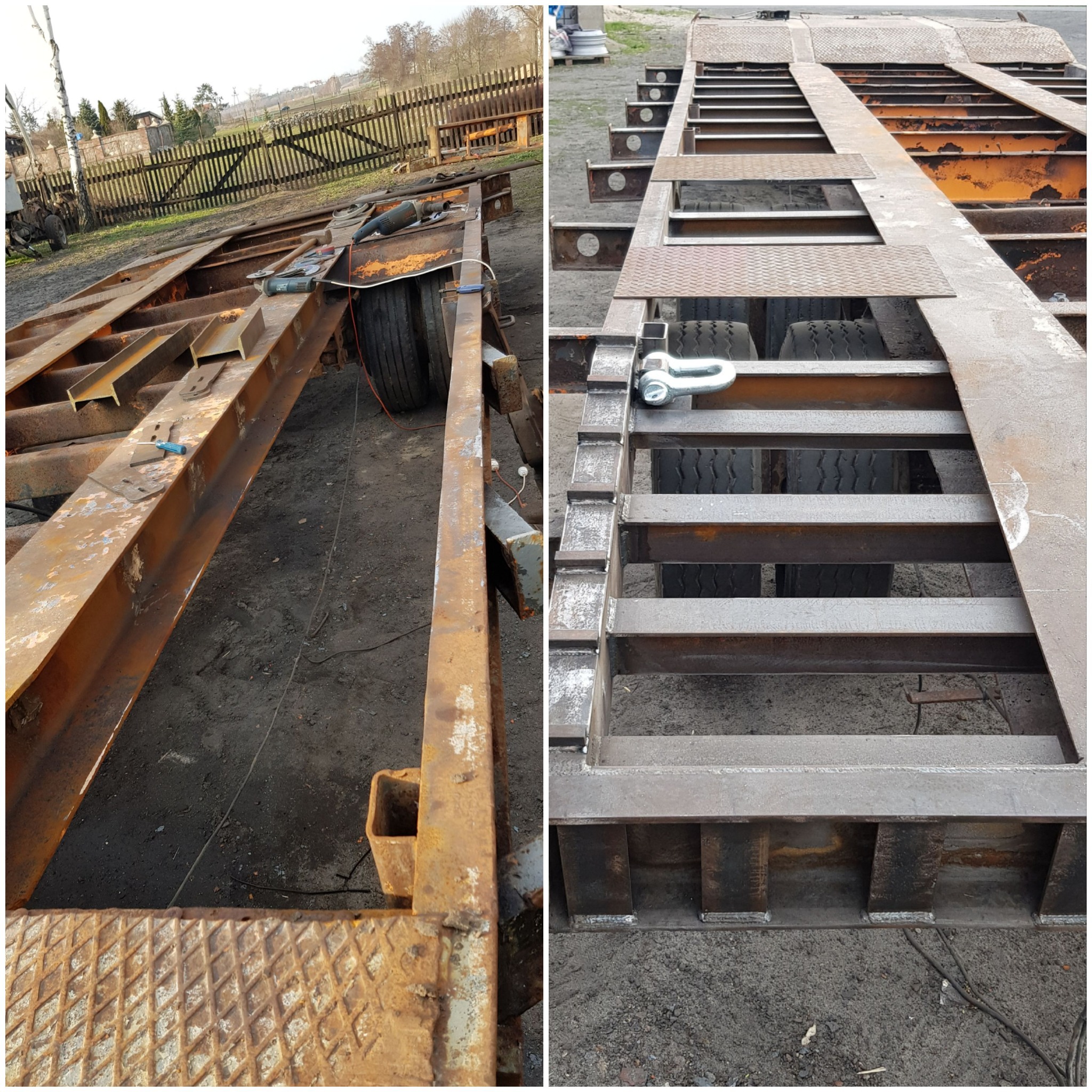 Dwie perspektywy naprawianej przyczepy: po lewej skorodowana, rdzawa rama z narzędziami i kołami, po prawej odnowiona, pomalowana rama z nowymi spawami i zaczepem.